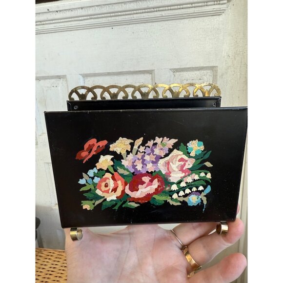 Vintage 50's Black Metal Floral Hand Painted Toleware Napkin/Letter Holder - Picture 7 of 7